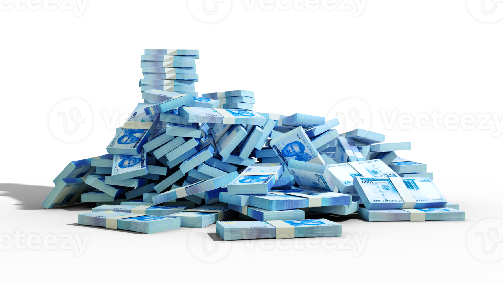 Big stack of 1000 Nigerian naira notes. A lot of money isolated on transparent background. 3d rendering of bundles of cash png