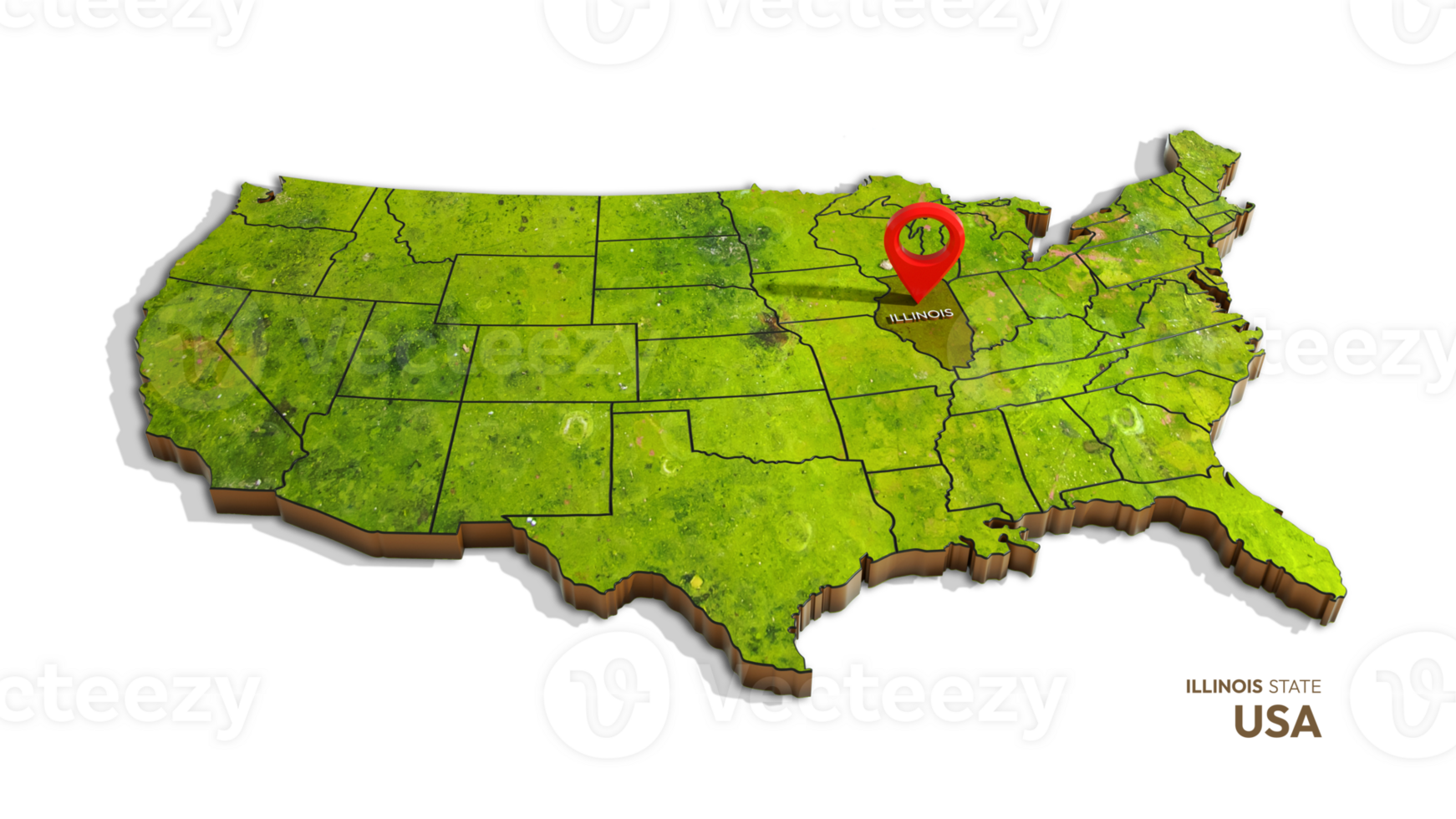 3D rendering of united states map highlighting illinois state isolated on transparent background png