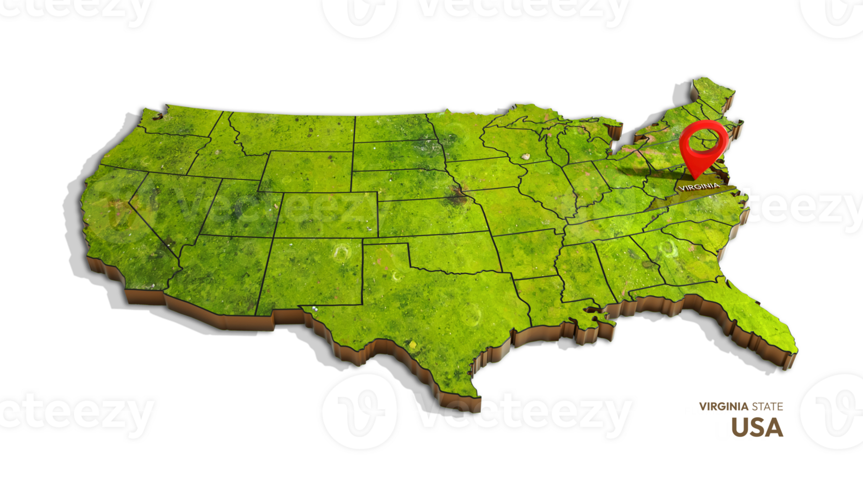 3D rendering of united states map highlighting VIRGINIA state isolated on transparent background png