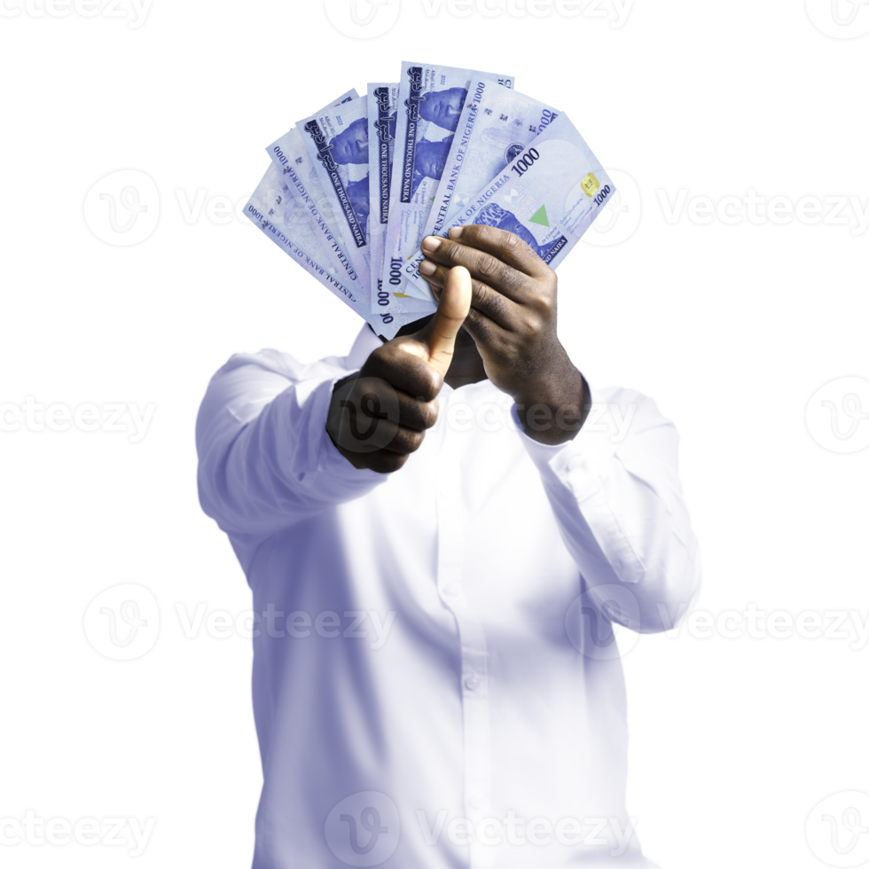 Black person holding Nigerian naira notes and making thumbs up to the camera. Hand holding Nigerian currency notes, 3d rendered money isolated on a transparent background png
