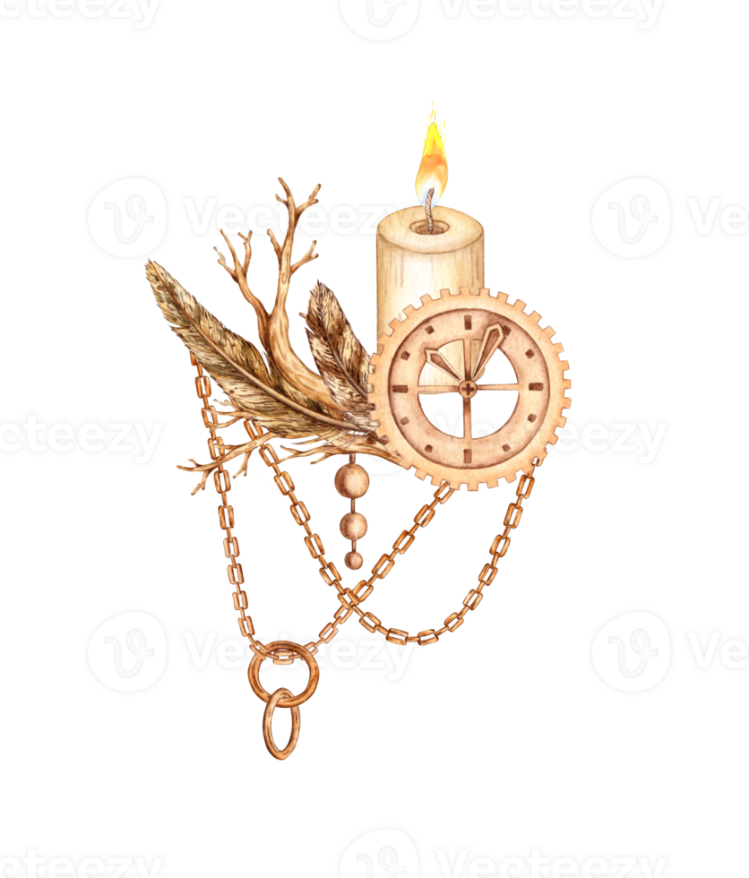 Metal dial with feathers, dry branch, chains, pendants and a burning candle in steampunk style from gears, nuts, watercolor illustrations. Mechanical vintage souvenir in techno style. Ideal for cards, png