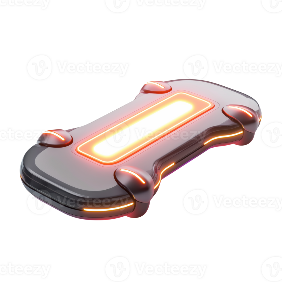 Futuristic Hoverboard with Radiant Glowing Lights.A sleek, high-tech hoverboard illuminated by vibrant, glowing lights, floating effortlessly on a transparent background. png