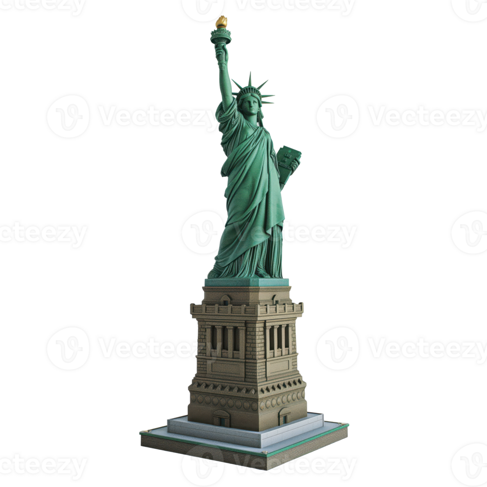 Illuminated Model of Iconic Liberty Statue on Clear Background.A meticulously crafted replica of the renowned Liberty statue, set against a transparent backdrop png