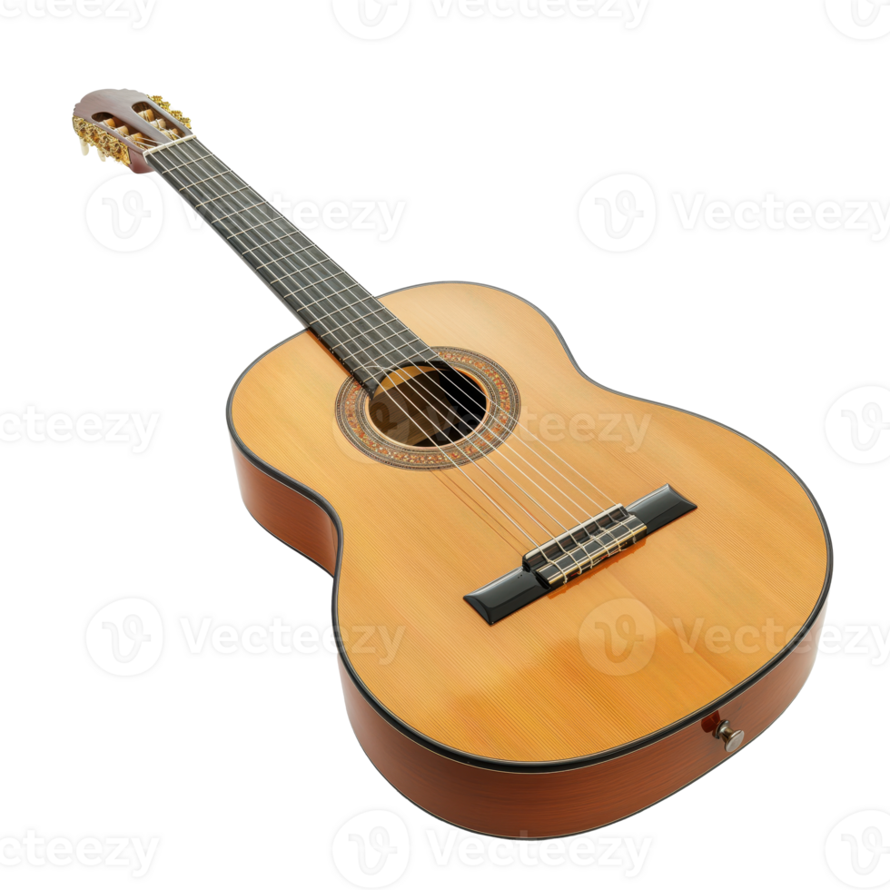 Elegantly Crafted Classic Guitar Displaying Intricate String Details on Clear Background png