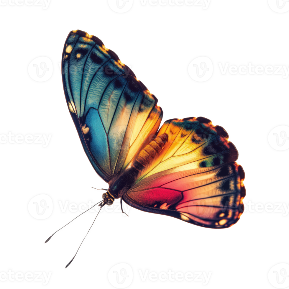 A vibrant, multicolored butterfly effortlessly soars against a clear, transparent background. Its delicate wings shimmer with a myriad of hues, creating a captivating display of natural beauty. png