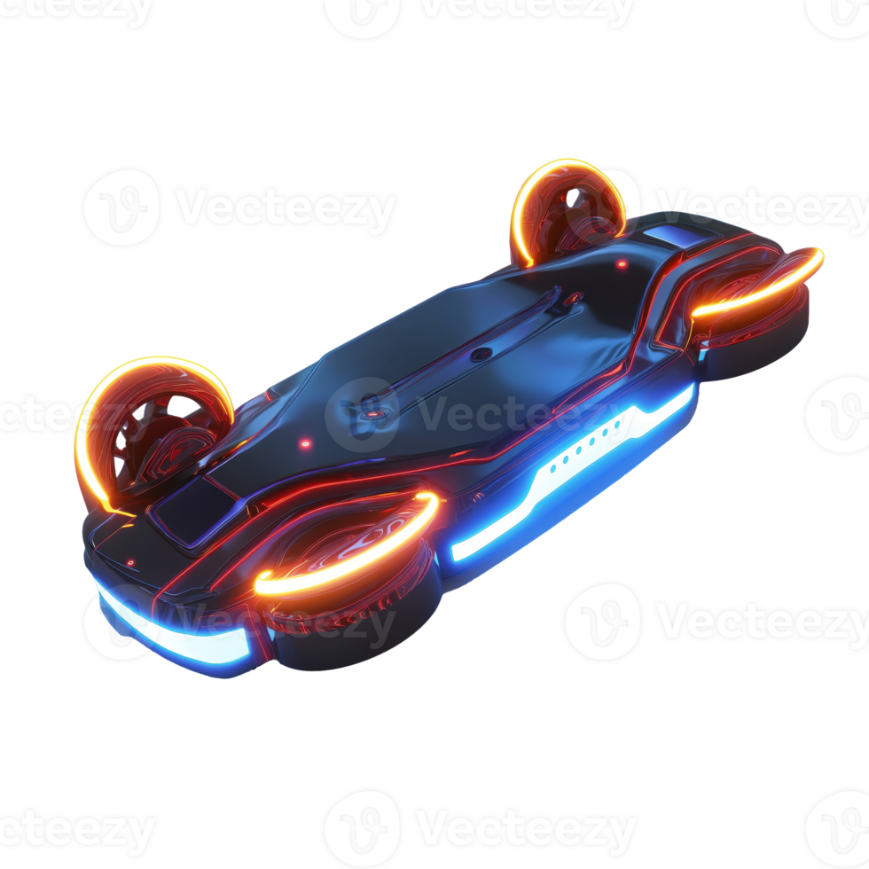 Futuristic Hoverboard with Radiant Lights on Clear Backdrop. A visually captivating hoverboard emitting vibrant neon hues seamlessly levitating against an immaculately transparent background. 49693037...