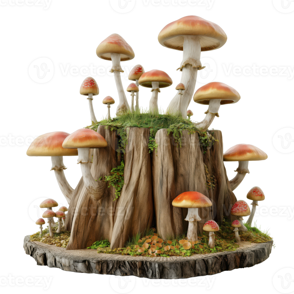 Enchanting Forest Scene Cozy Tree Stump Adorned with Mushrooms png