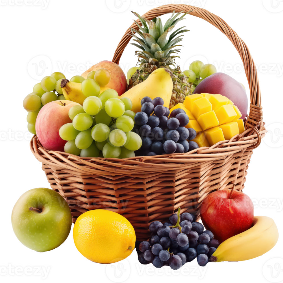 A rustic wicker basket overflowing with various fresh fruits on a clear, transparent background. The vibrant colors of the fruit contrast beautifully with the natural texture of the basket. png