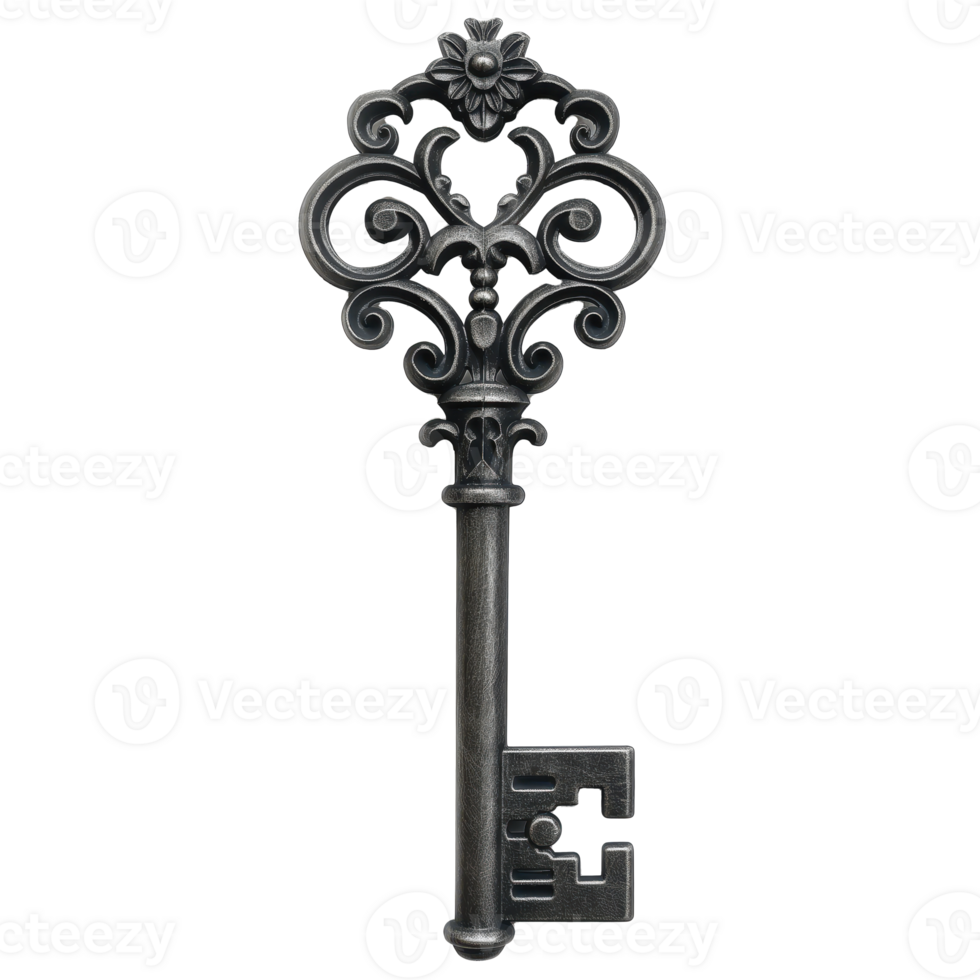 Exquisite Skeleton Key with Intricate Ornate Design on Clear Background png