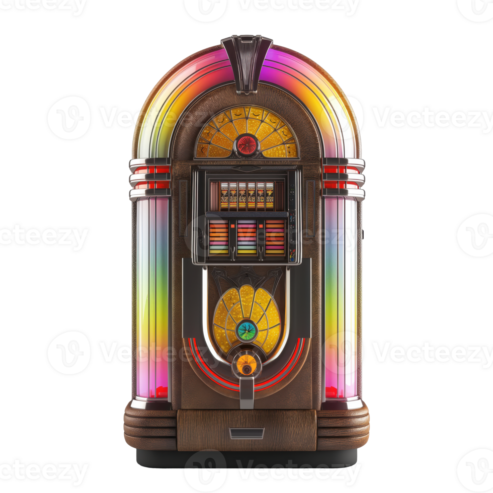 Classic Jukebox with Vivid Lights on Transparent Background A retro jukebox glowing with vibrant, colorful lights, perfectly isolated for any creative project. png