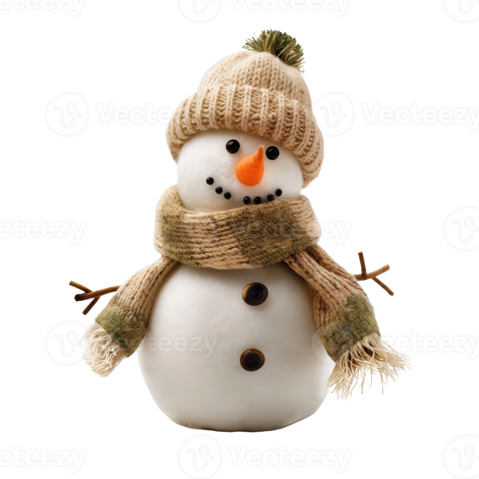 A jolly snowman with a bright carrot nose stands out against a clear, transparent background. His joyful expression and detail make this image perfect for winter-themed projects. png
