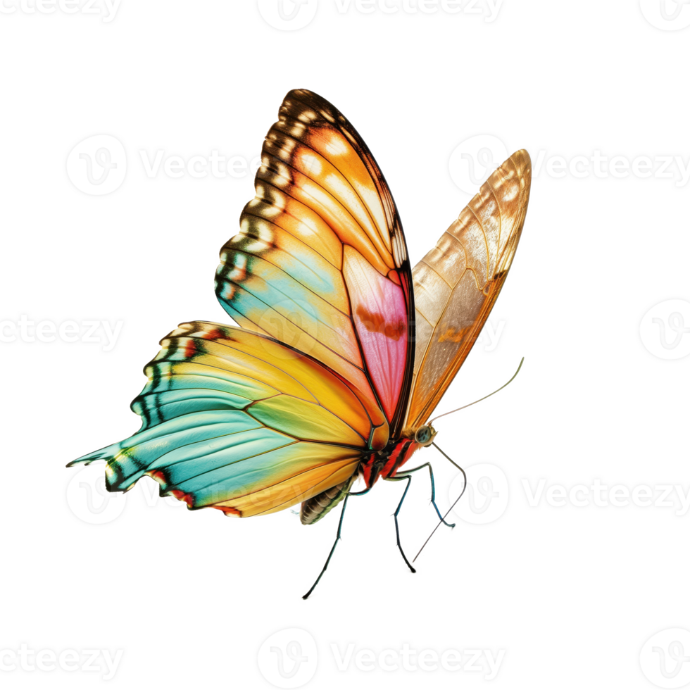 A vivid butterfly with kaleidoscopic wings captured mid-flight against a clear, open backdrop. Rich hues and delicate details create an ethereal moment frozen in time. png
