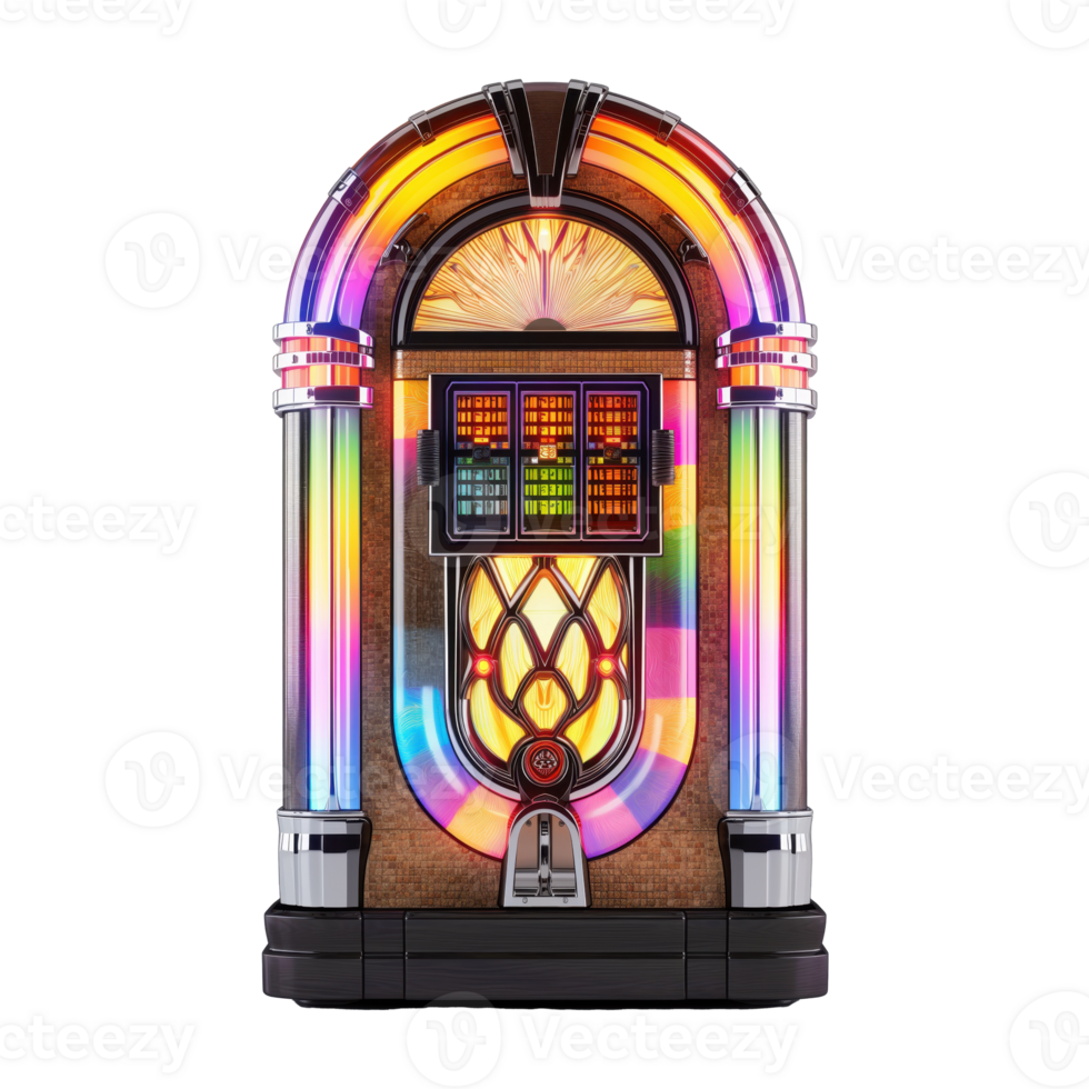 Retro Jukebox with Vibrant Lights on a Clear Backdrop png