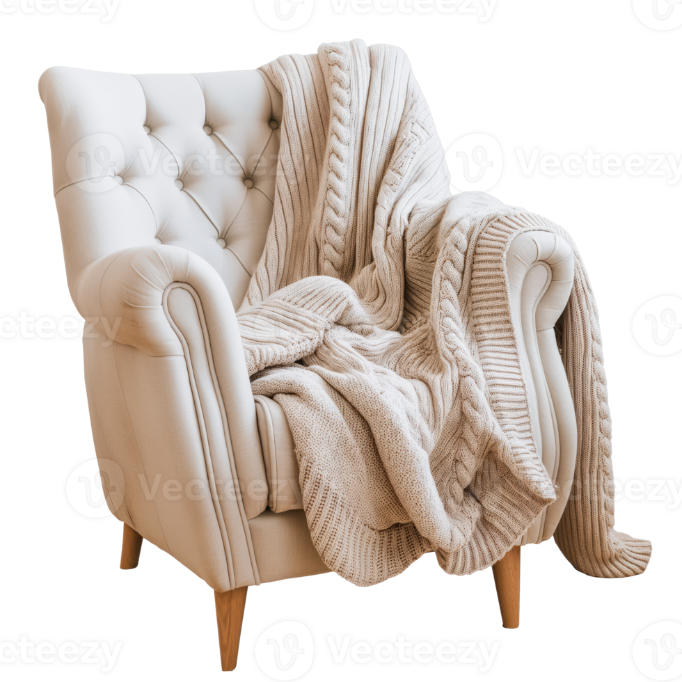A cozy armchair enveloped in a meticulously knitted blanket, set against a transparent background, inviting warmth and comfort. Perfect for adding a touch of homely nostalgia to any creative project. png