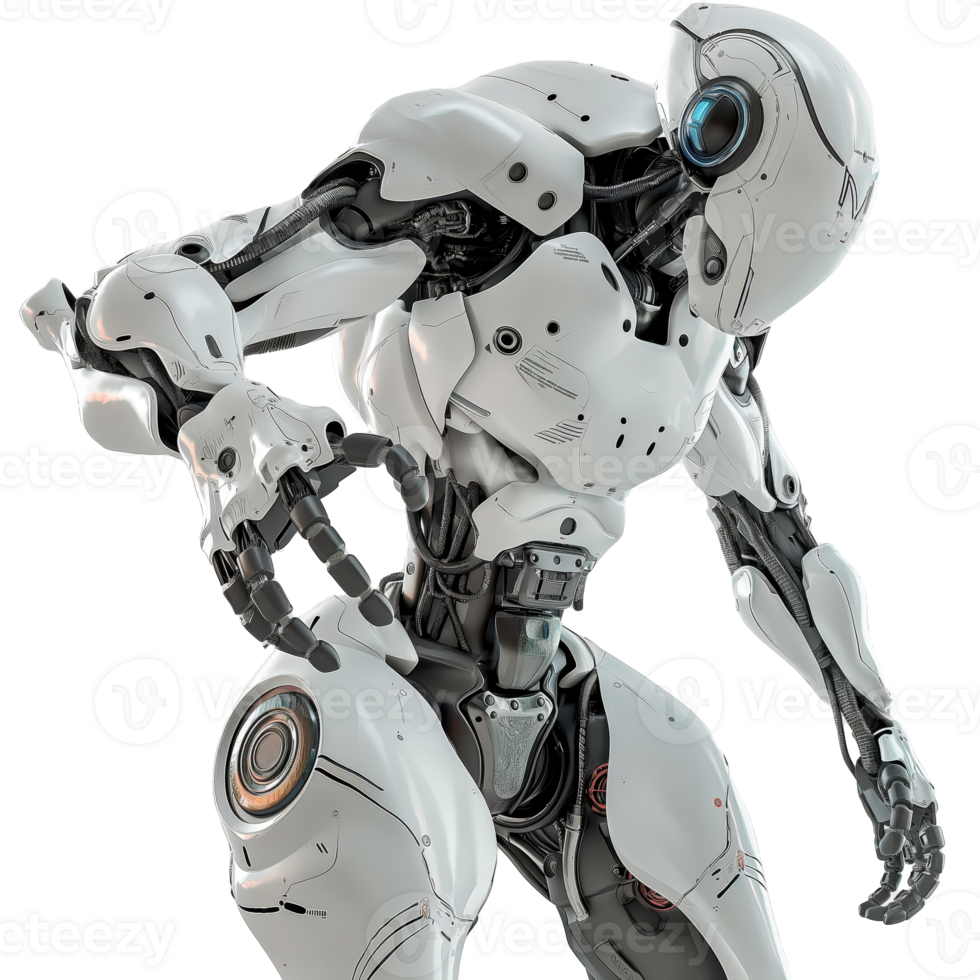 futuristico robot con articolato arti un' avvicinamento visualizzazione di un' elegante, High Tech umanoide robot in mostra suo intricato meccanico parti contro un' trasparente sfondo. png