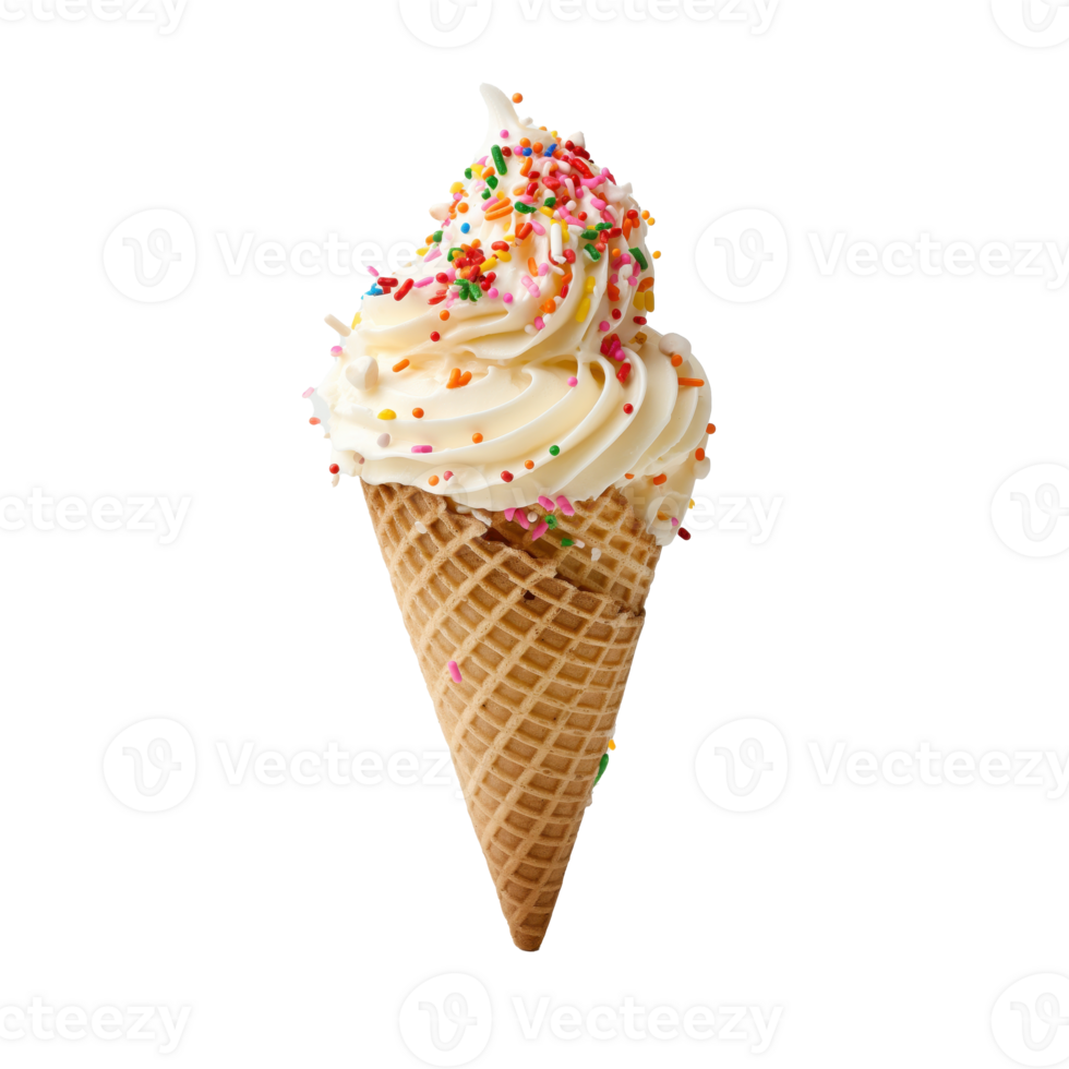 Delicious Ice Cream Cone with Colorful Sprinkles on Clear Background. Tempting Treat Captured with Mouthwatering Detail. png
