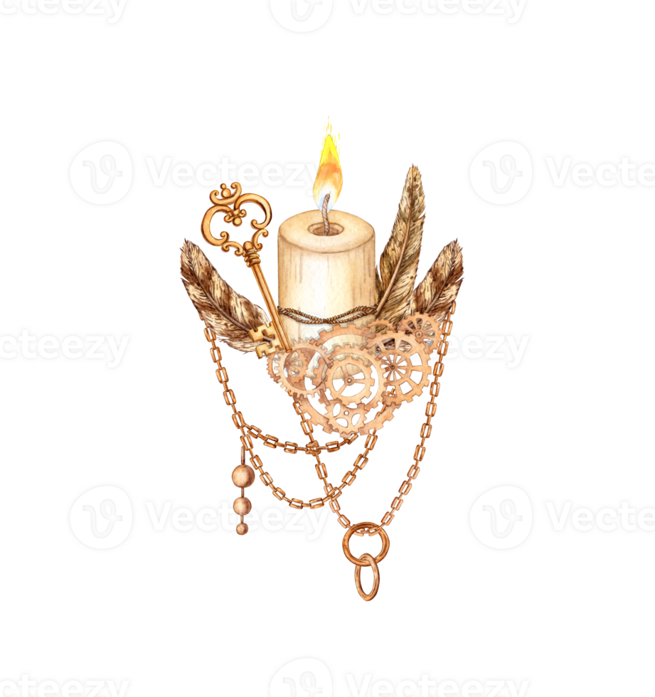 Candle with feathers, key, chains, pendants, gears in steampunk style from gears, nuts, watercolor illustrations. Mechanical vintage souvenir in techno style. Ideal for cards, banners, flyers png