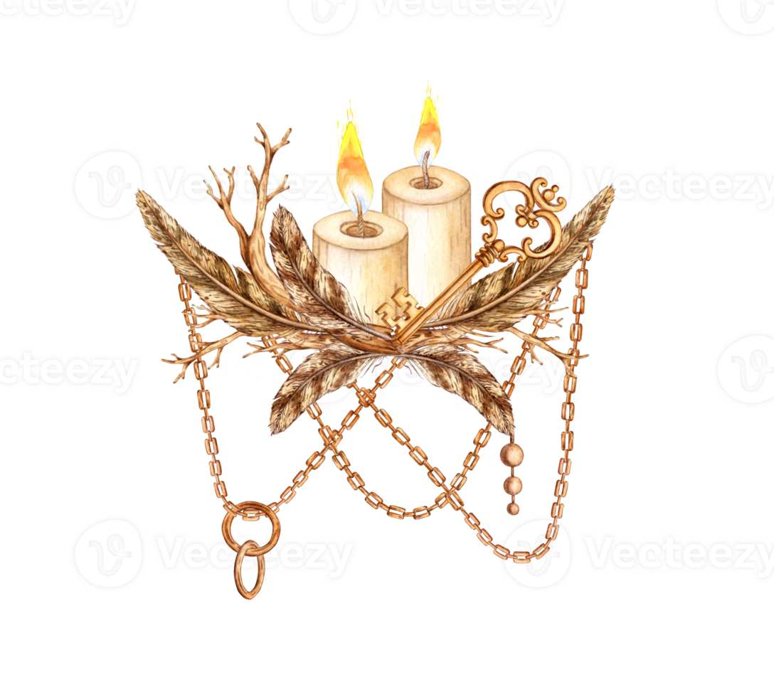 Candles, key with dry branches, feathers, chains and pendants in steampunk style from gears, nuts, watercolor illustrations. Mechanical souvenir in vintage techno style. Ideal for cards, covers poster png