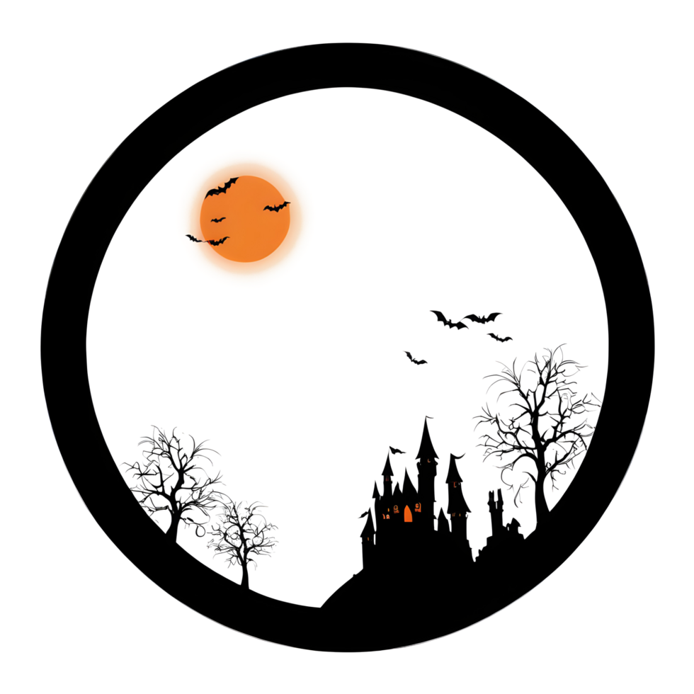 A black and white drawing of a castle and a full moon png