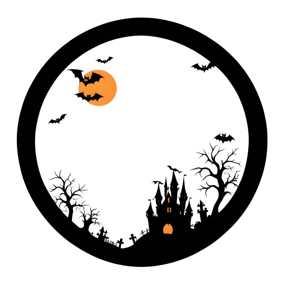 Halloween castle with bats and moon in the background png