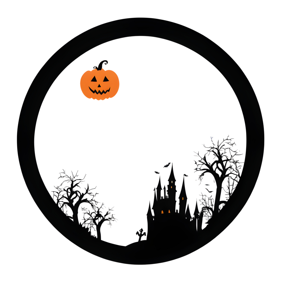 Halloween pumpkin in a circle with castle and trees png