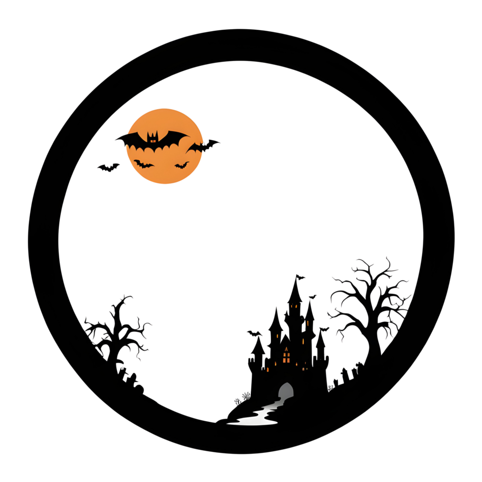 Halloween house with bats and moon in circle png