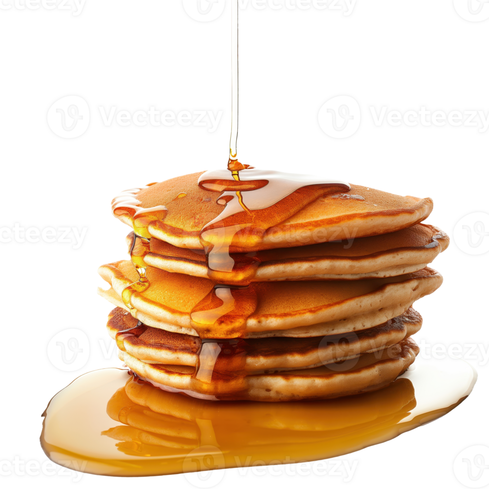 Golden stacks of freshly-made pancakes, dripping with rich syrup, create a delectable visual feast against a clear backdrop. Each layer exudes warmth and comfort png