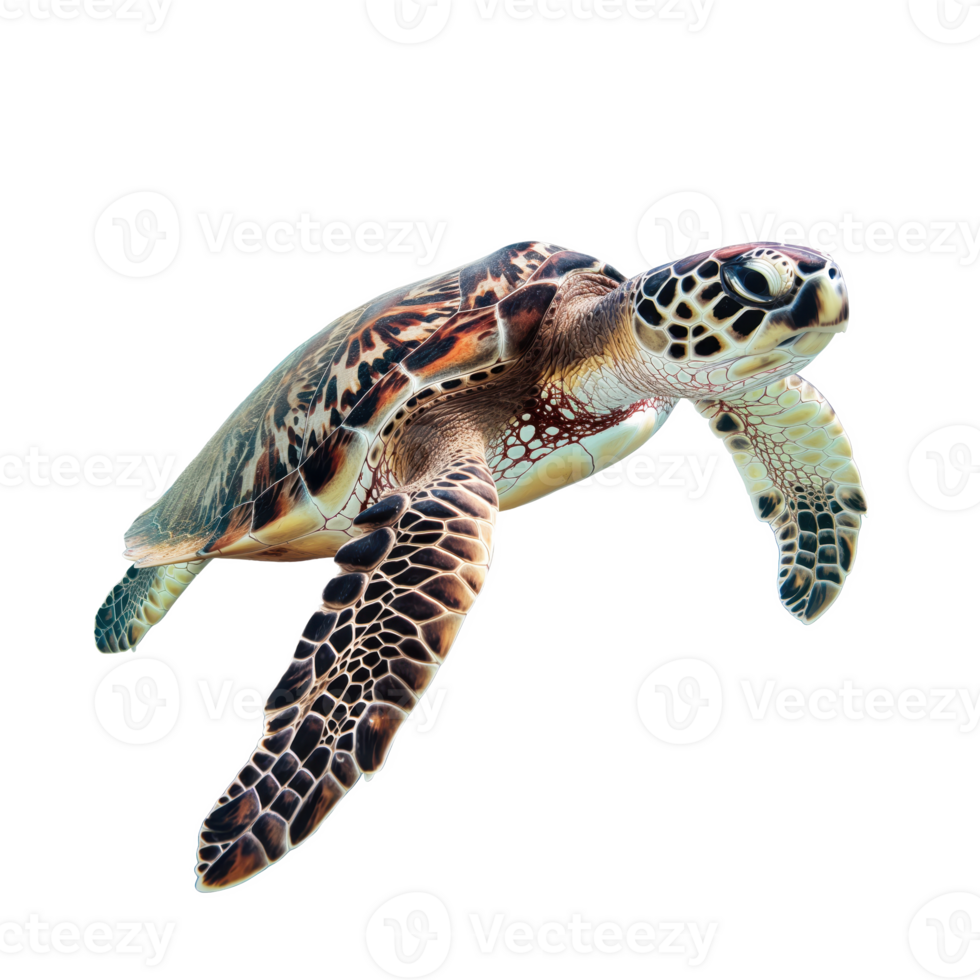 Inky Sea Turtle in Crystal Waters. A serene sea turtle gliding gracefully through clear ocean depths, set against a transparent background. png