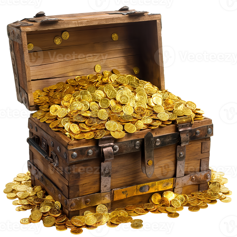 Glittering pirate treasure chest overflowing with gold coins and jewels, set against a clear backdrop. Radiant gems and coins spill from the intricately crafted chest, evoking a world of adventure png
