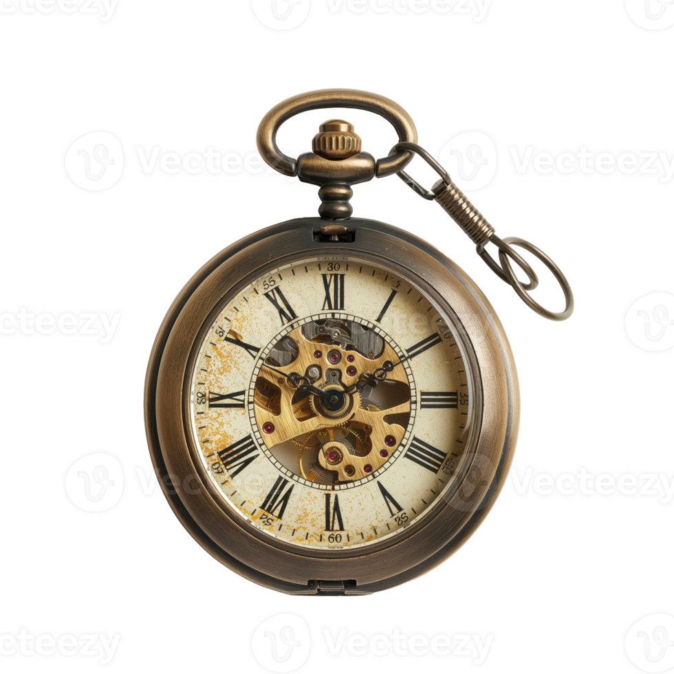 A timeless vintage pocket watch with intricate detailing, elegantly displayed with an open face, beautifully isolated on a transparent background. png