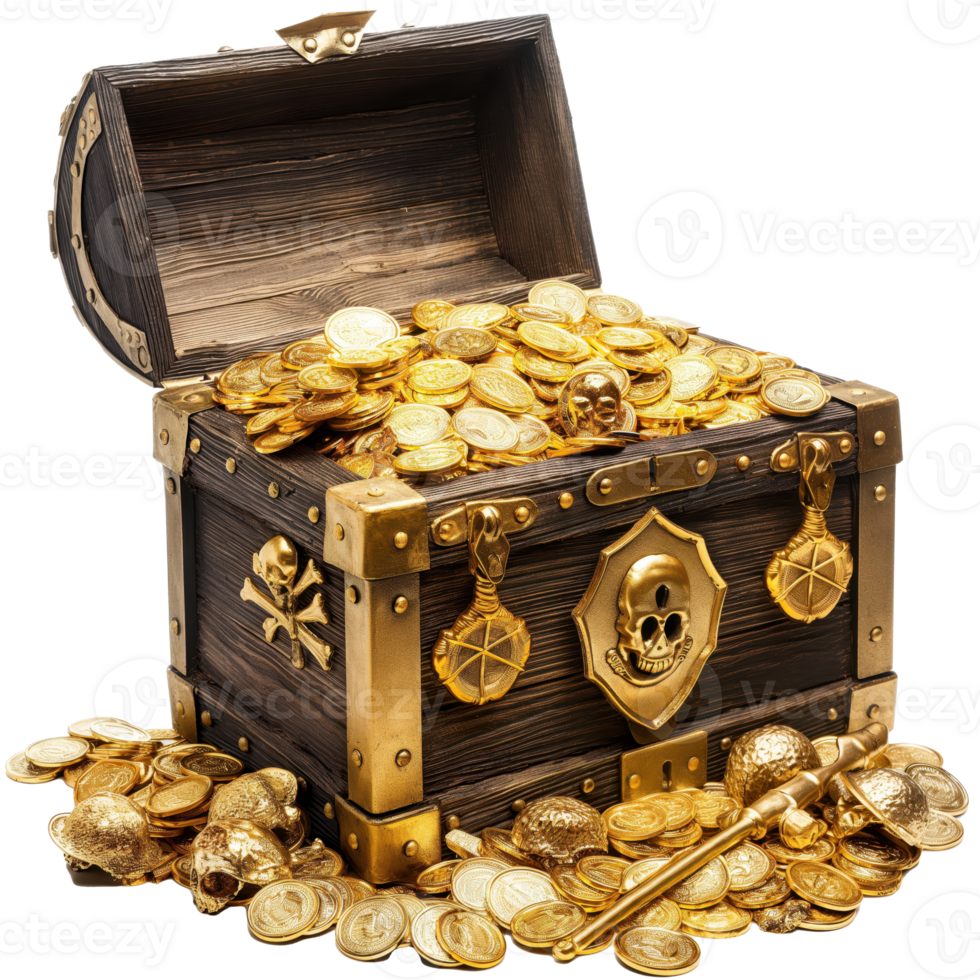 Glistening Pirate Treasure Chest Overflowing with Gold Coins on a Transparent Background png