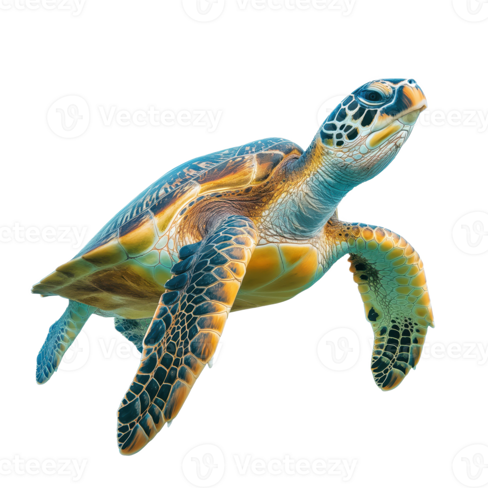 A Playful Sea Turtle in Ocean Waters. A lively sea turtle glides gracefully through the blue expanse of its aquatic home. png