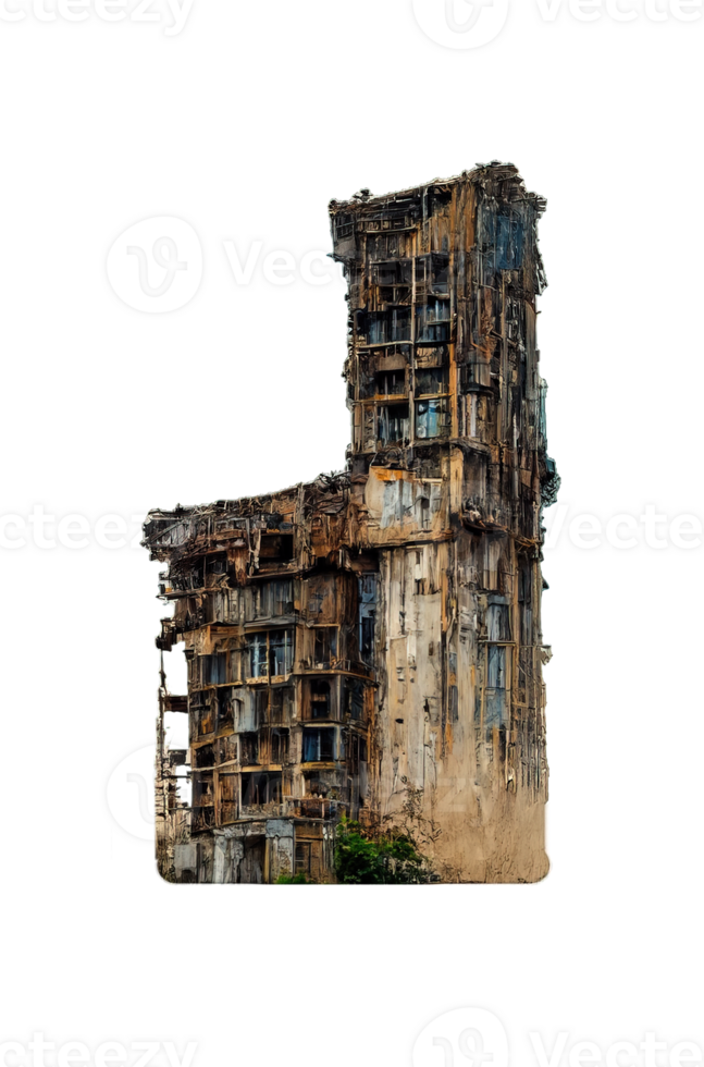 Worn Skyscraper in Apocalyptic Ruin .A shattered skyscraper looms against a transparent backdrop, showcasing the haunting remnants of a decayed civilization. png