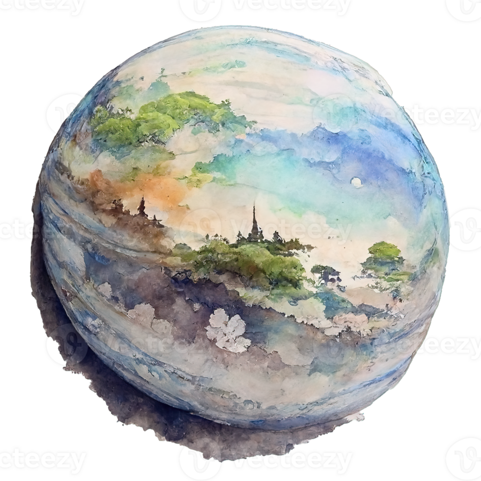 Vibrant Watercolor Planet Against Clear Backdrop png