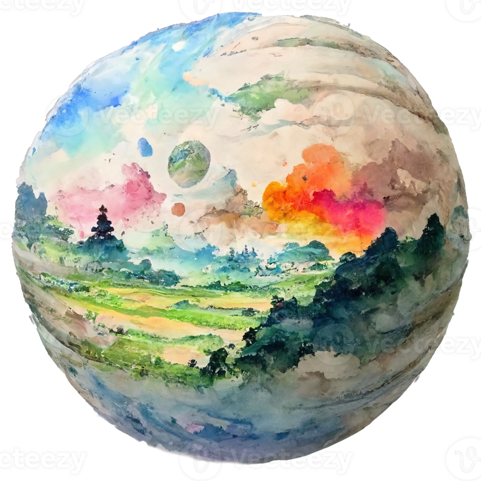 Vibrant Earth A Multicolored Watercolor Planet Against a Clear Canvas png
