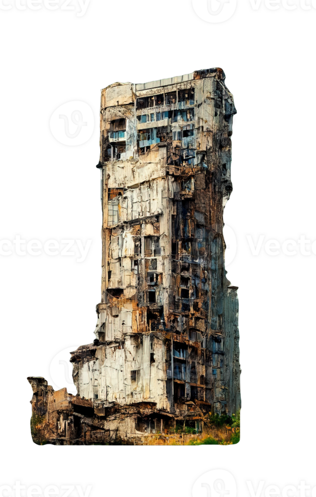 Ghostly Remains of a Skyscraper Against a Transparent Void .An Eerie Silhouette of a Decayed High-Rise in a Desolate Realm png
