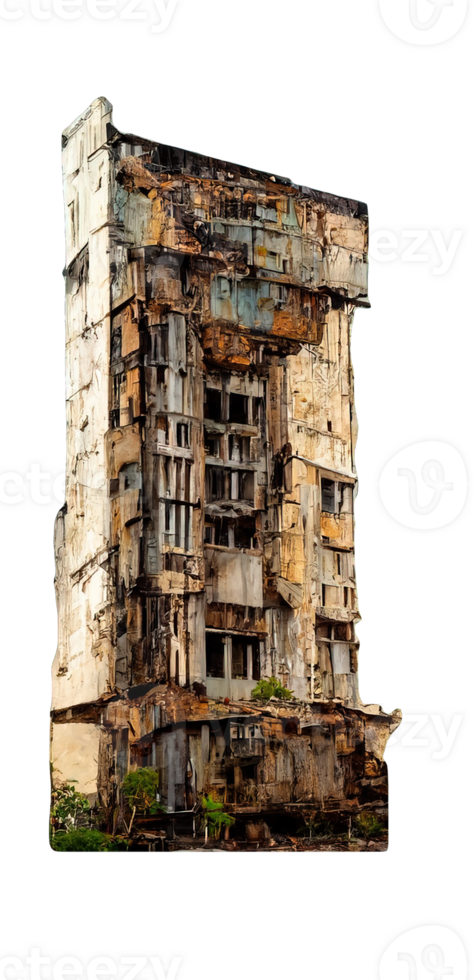 Monolithic Ruined Skyscraper Amidst Apocalyptic Backdrop. Transparent Background Highlights Stark Architectural Devastation. png