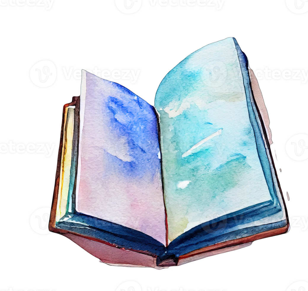 Vibrant Watercolor Book Collection on Clear Canvas - A stunning display of colorful books painted in delicate watercolor, set against a transparent background illuminating their intricate details. png