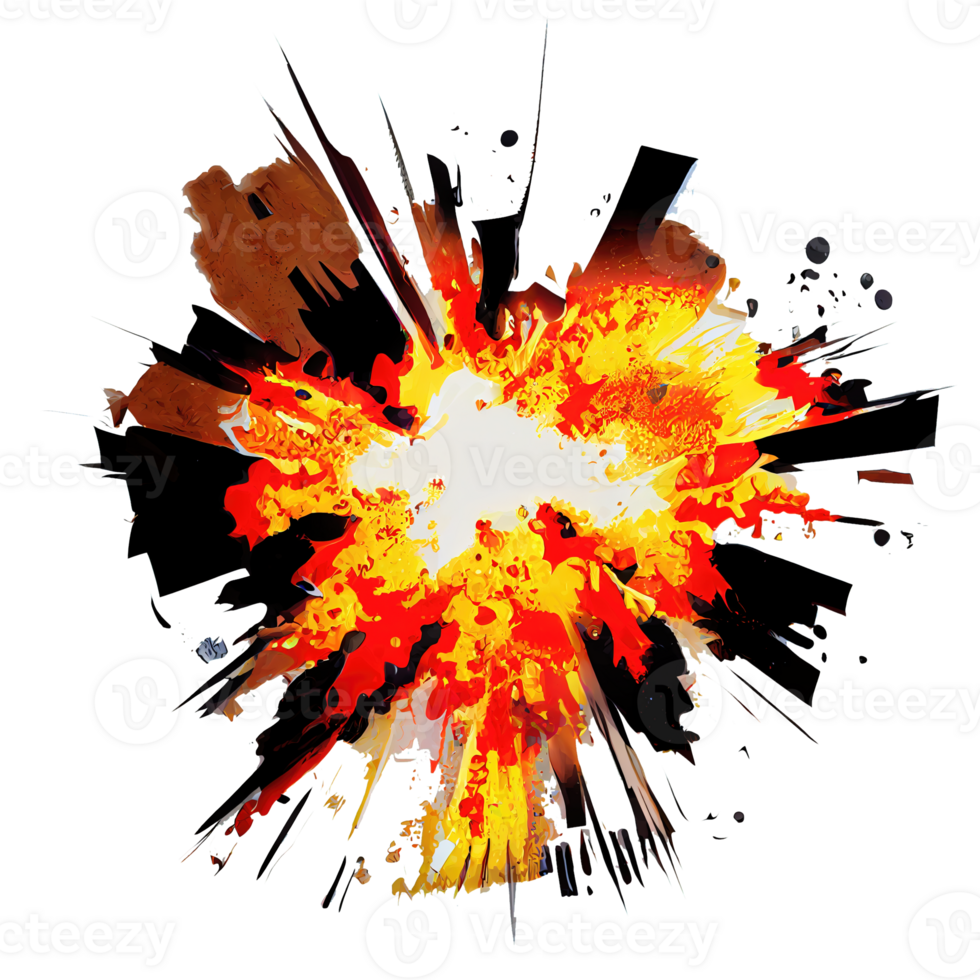 A vibrant cartoon explosion bursts with dynamic energy, set against a clear, transparent background. Bold colors and stylized shapes capture the intensity and drama of the explosive moment. png