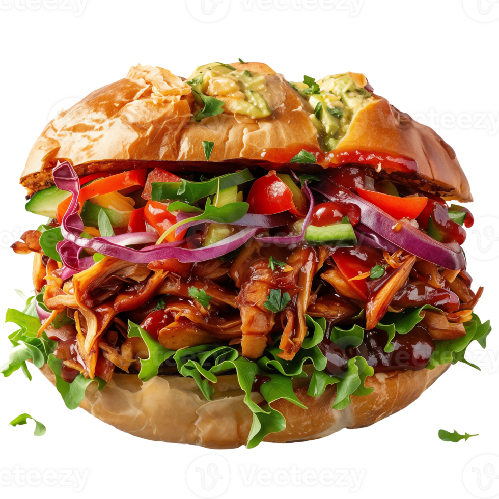 A pulled pork sandwich with lettuce, tomatoes and onions png