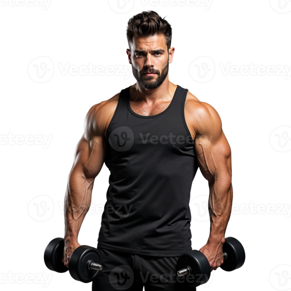 Muscular man in a black tank top lifting dumbbells on a transparent background png