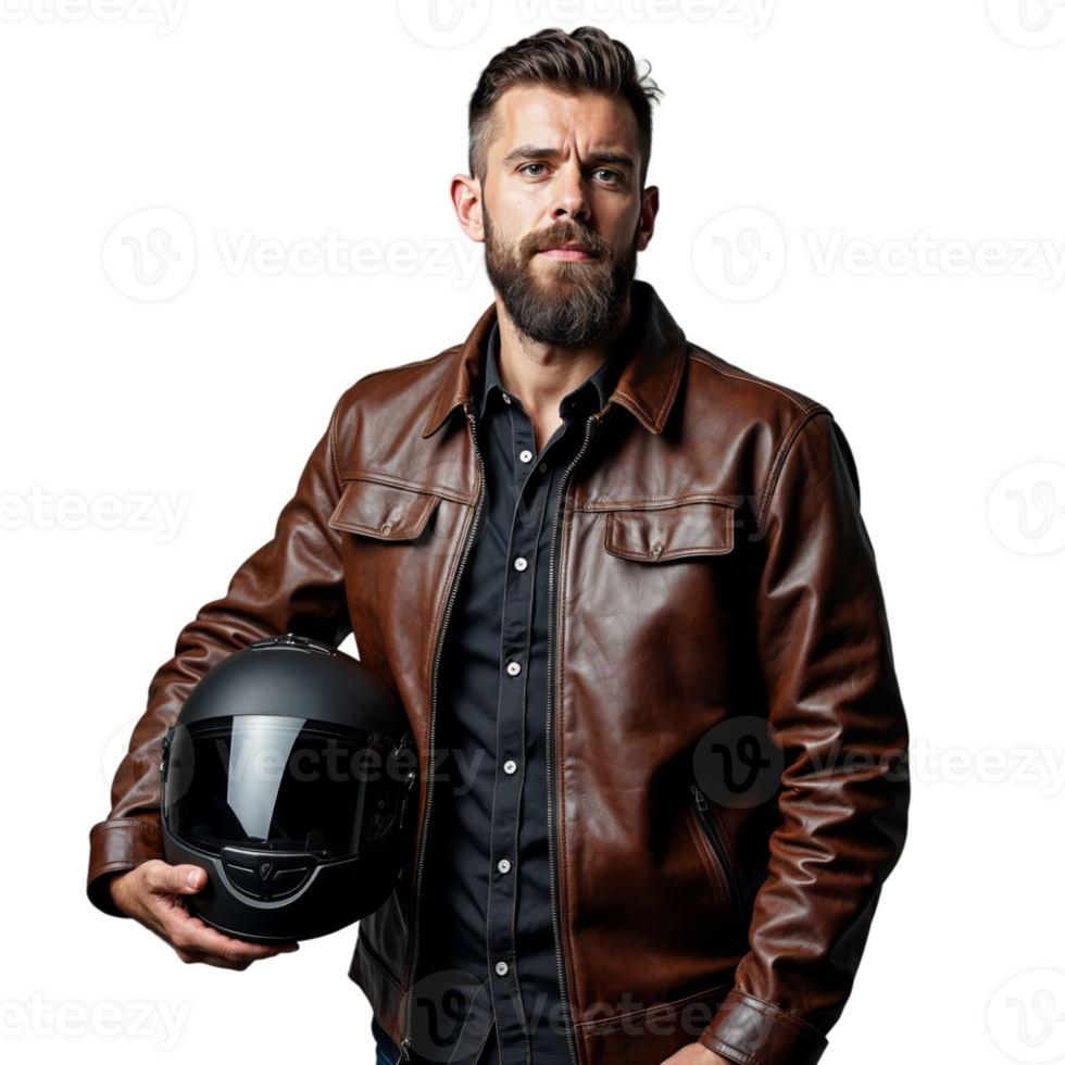 Man in a leather jacket holding a motorcycle helmet with a confident look on a transparent background png