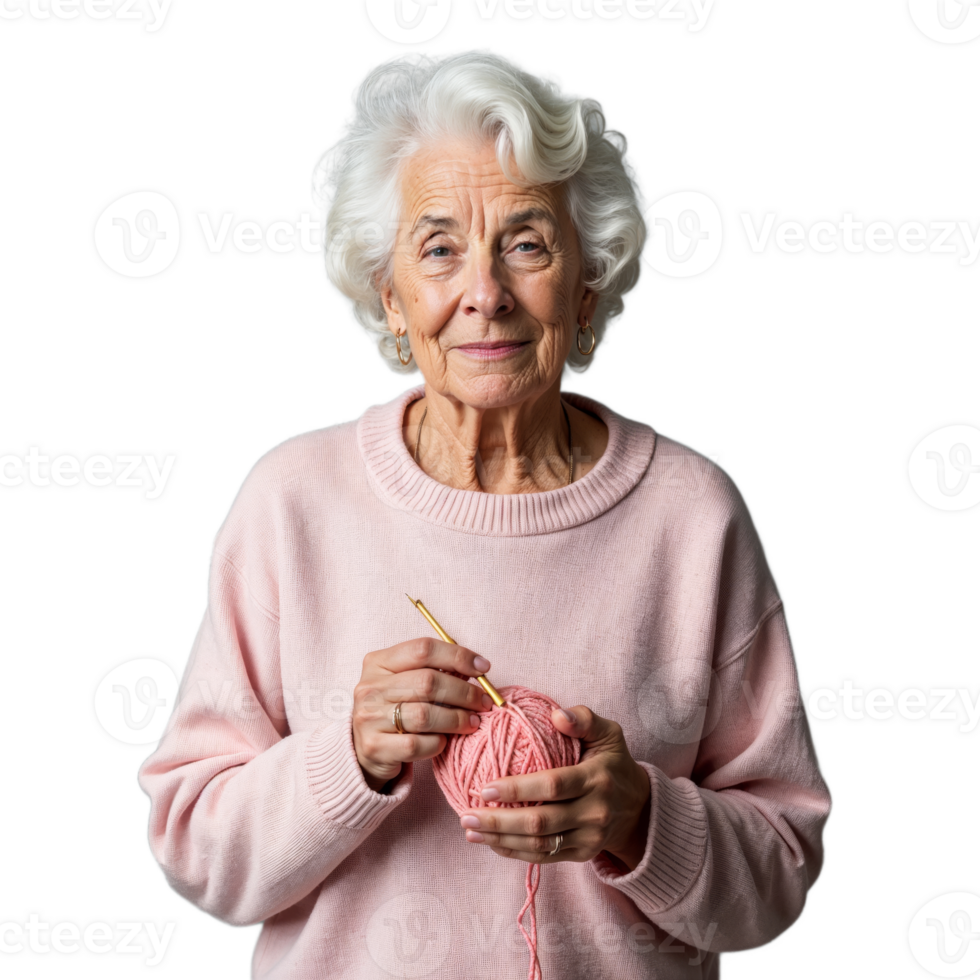 Elderly woman in a pink sweater knitting with a calm expression on a transparent background png