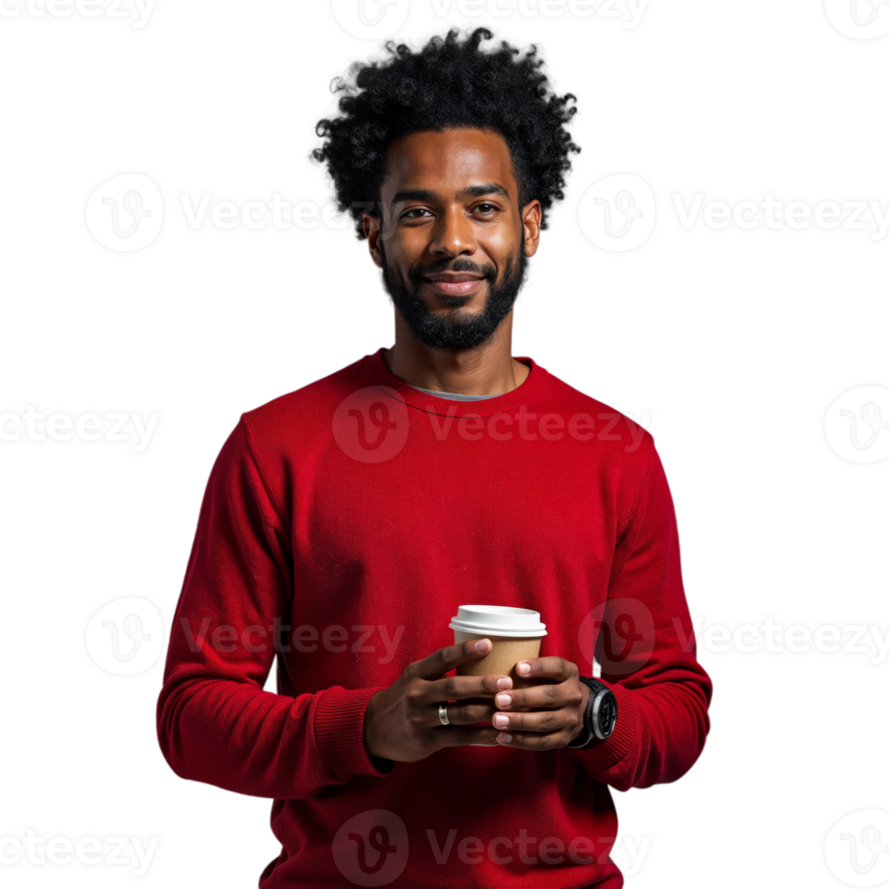 Man in a red sweater holding a coffee cup with a relaxed smile on a transparent background png