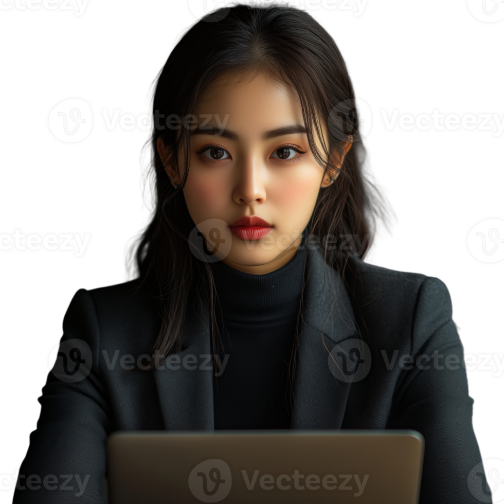 Young professional woman in a suit working on a laptop, looking focused and determined, isolated on a transparent background png