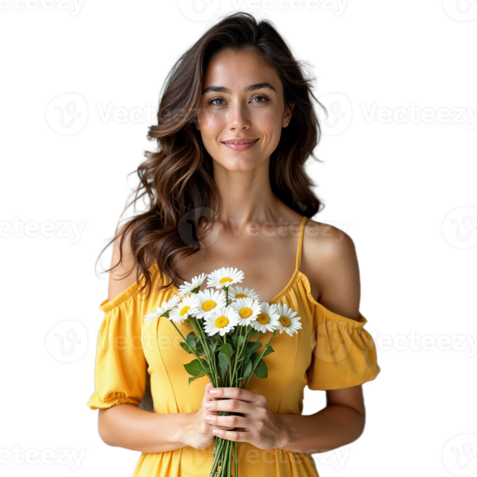 Woman in a yellow dress holding a bouquet of daisies with a gentle smile on a transparent background png