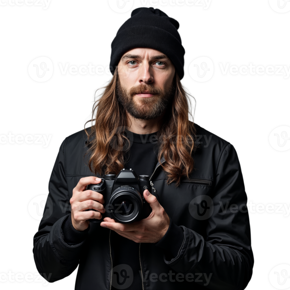 Man in a black beanie holding a camera with a serious expression on a transparent background png