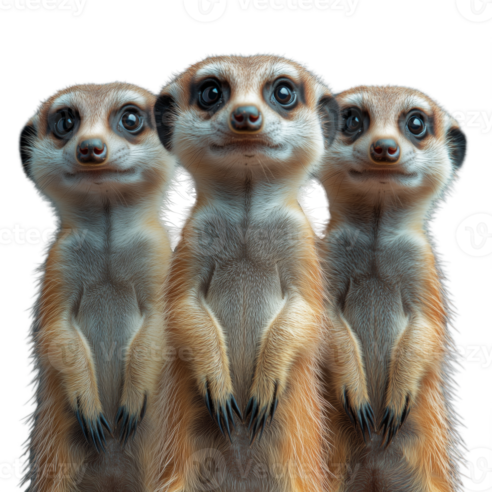 Three cute little meerkats standing together on a transparent background png