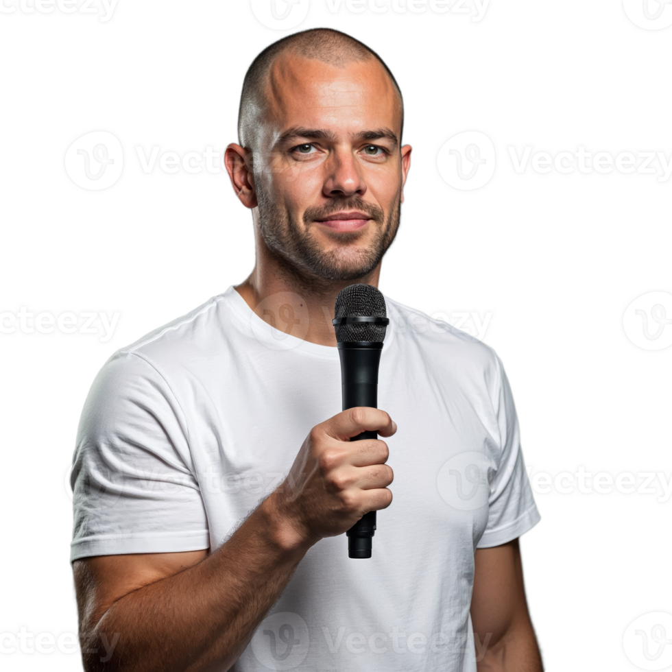 Man with a microphone giving a speech with a determined expression on a transparent background png