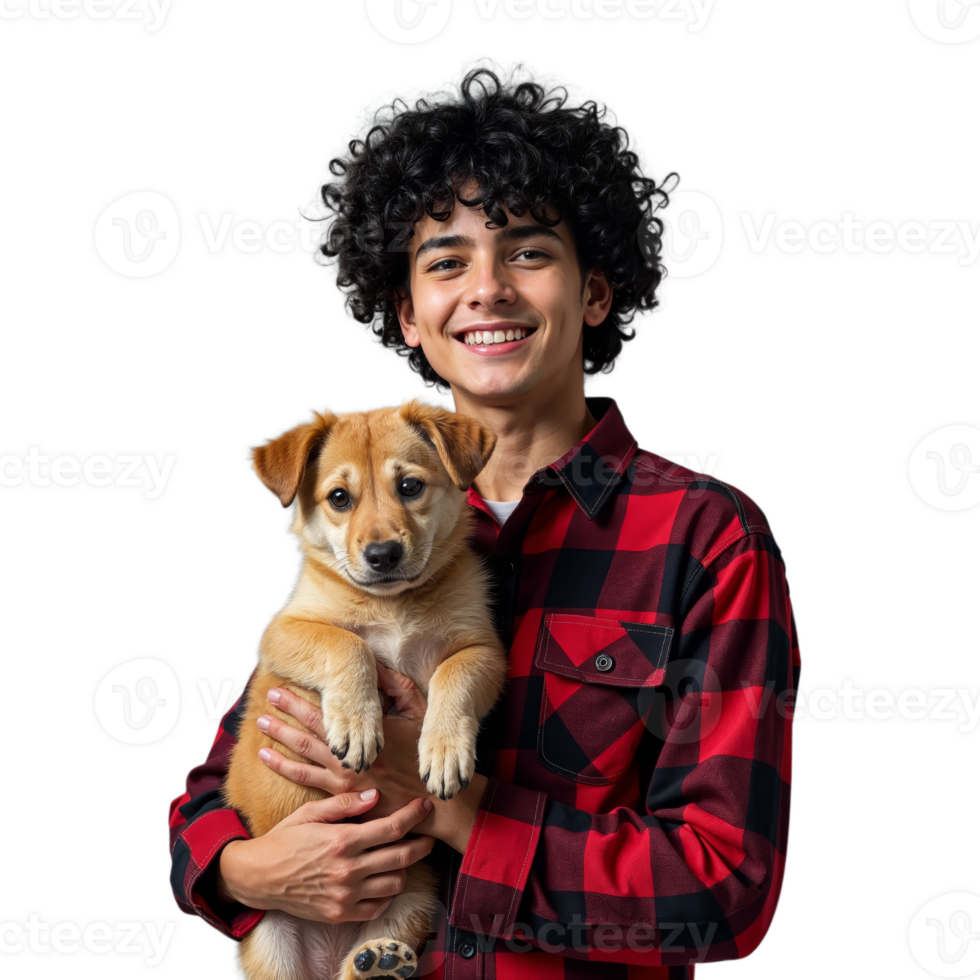 Young man with curly hair in a plaid shirt holding a dog and smiling on a transparent background png